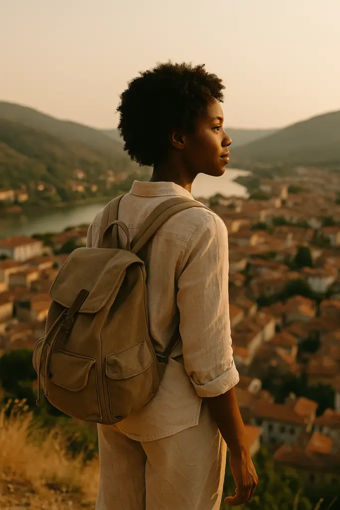 A young Black woman stands on a scenic overlook at sunset, wearing a linen outfit and backpack, gazing thoughtfully over a sunlit village nestled in the hills.