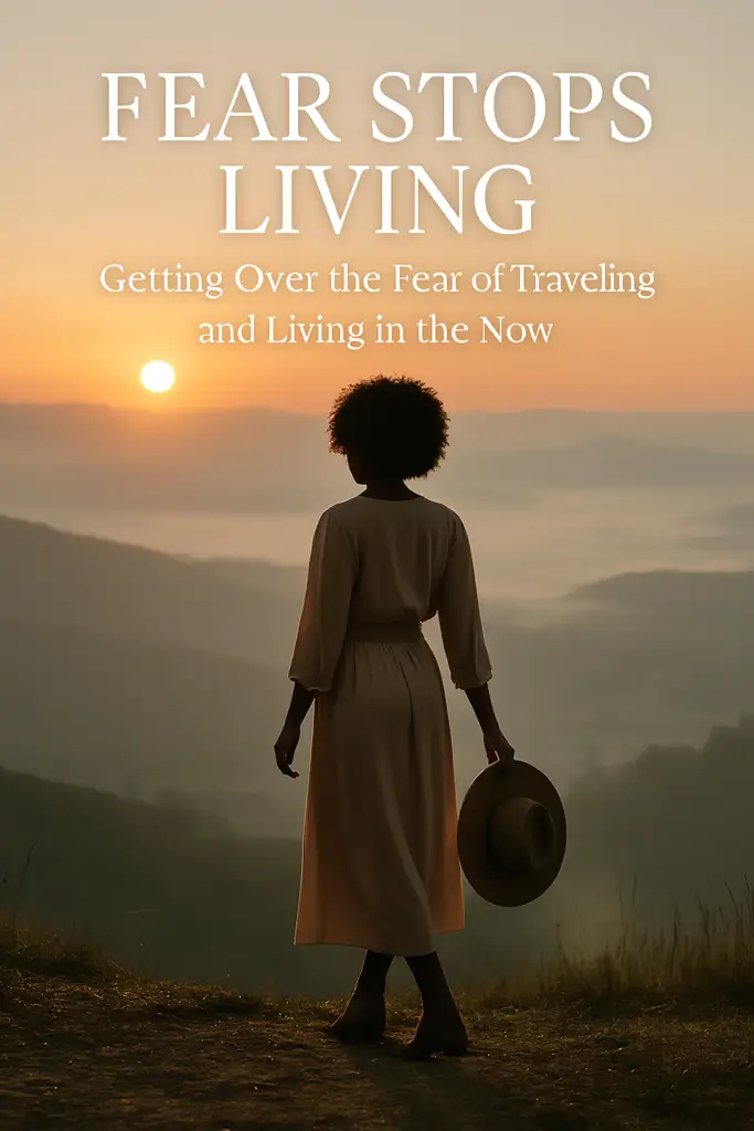 A Black woman stands on the edge of a mountain overlook at sunrise, symbolizing personal transformation through travel. Capturing the essence of living in the moment and moving through fear.