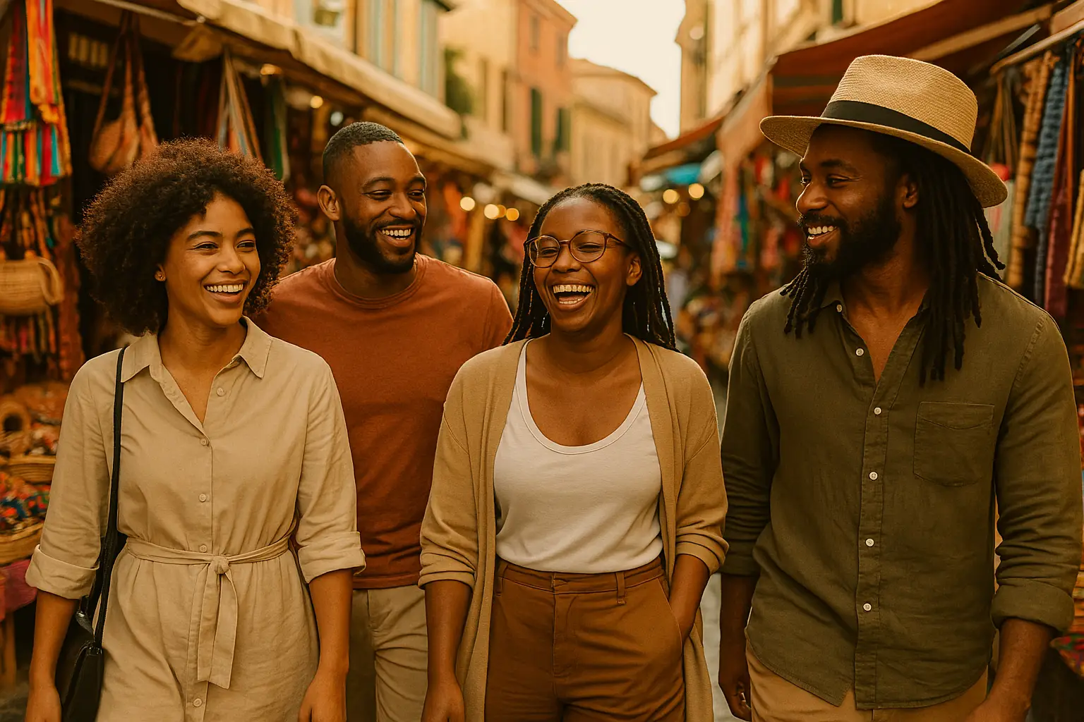 A group of stylish Black travelers walking through a vibrant outdoor market, engaging with local culture and laughing together under the sun.