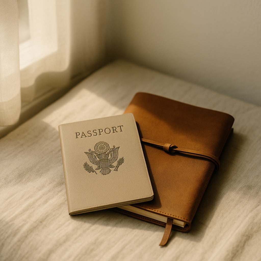 Luxury travel planning concept featuring a passport and leather travel journal in soft natural light