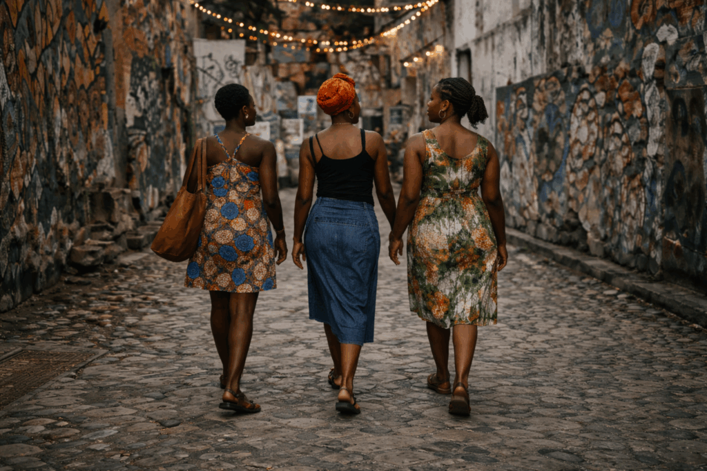 Women walking together in Accra representing sisterhood travel across the Atlantic