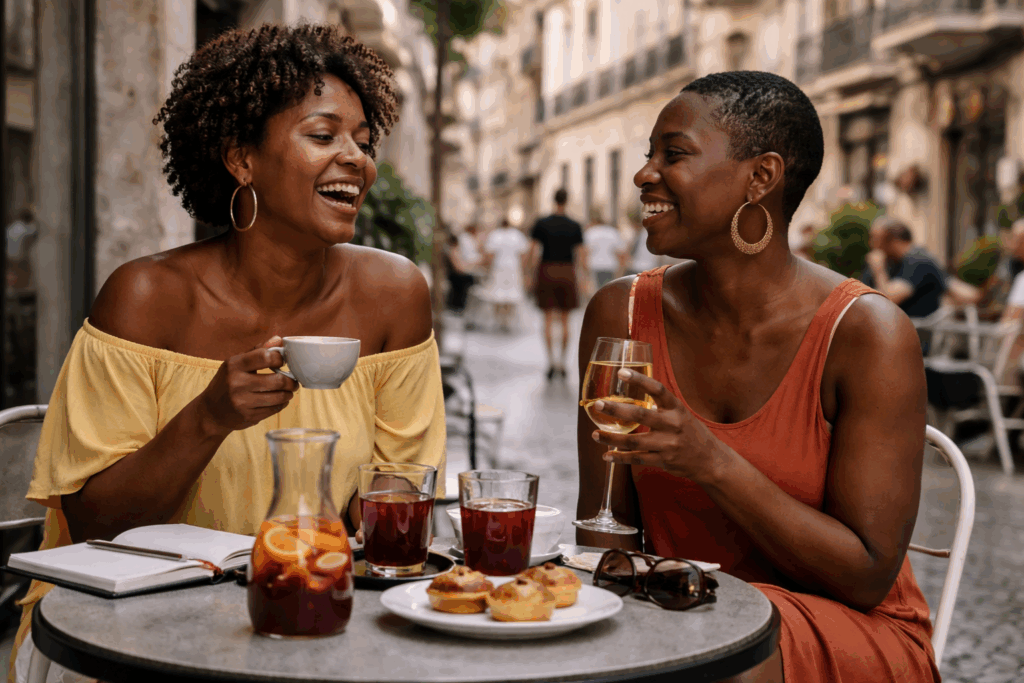Women in Lisbon café representing sisterhood travel across the Atlantic
