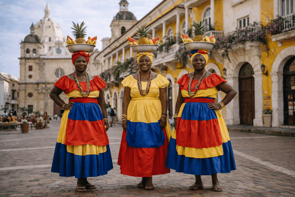 Three Afro-Colombian Palenquera women in traditional colorful dresses standing in Cartagena’s historic district
