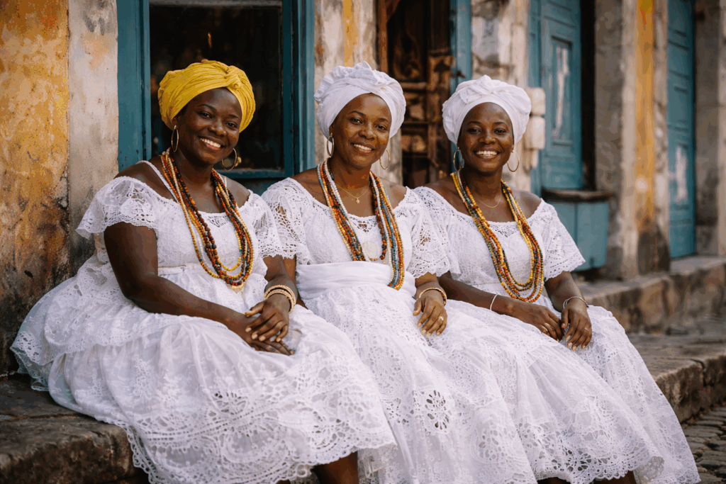 Three Afro-Brazilian women in traditional white Baiana dresses seated outside a colonial building in Salvador, Brazil