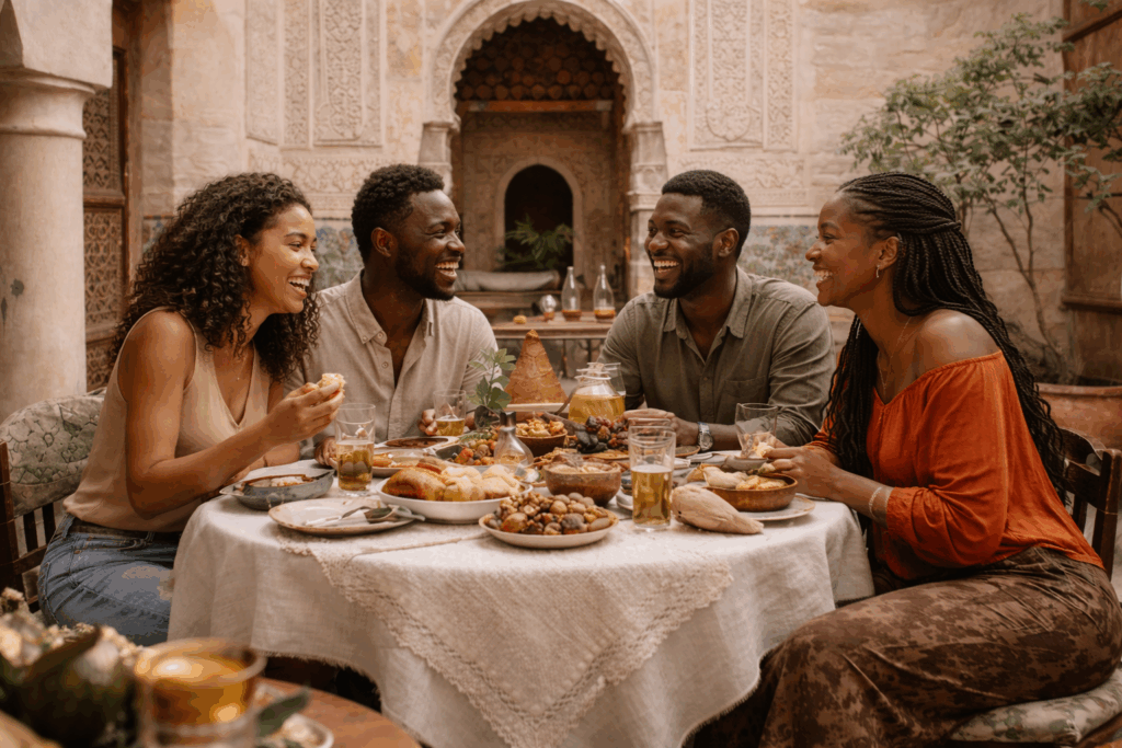 Black travelers sharing a meaningful cultural dining moment during shared travel experiences in Morocco