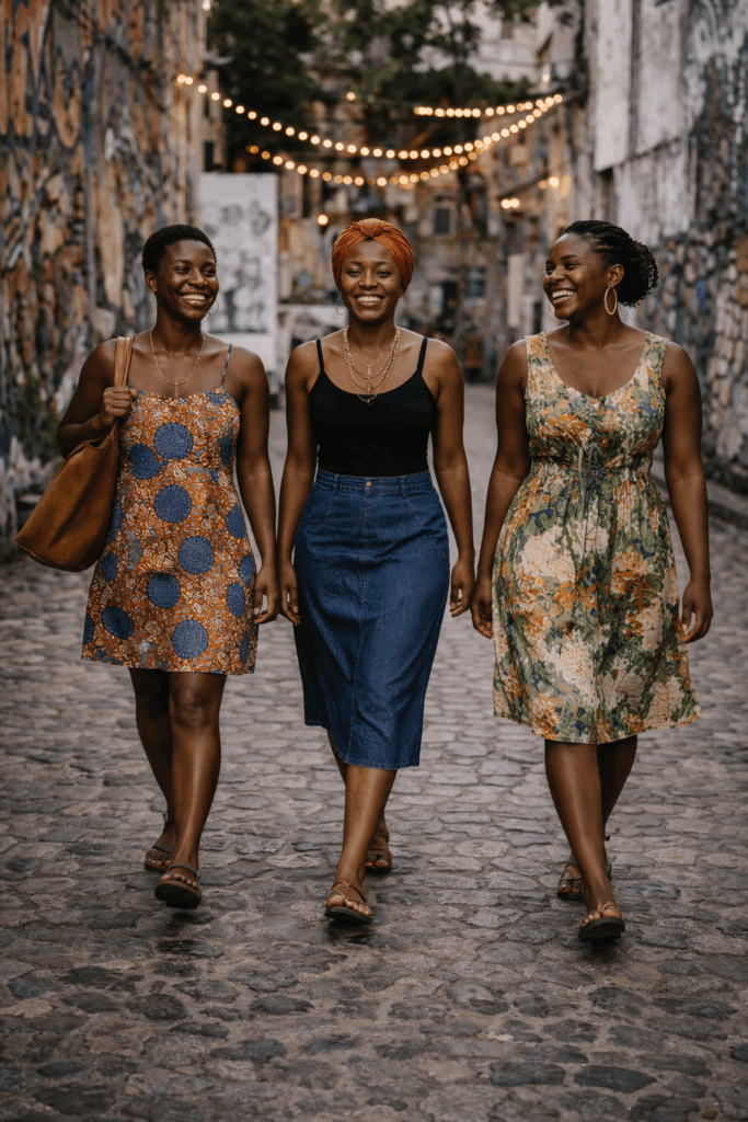 Women walking forward in Accra representing sisterhood travel across the Atlantic