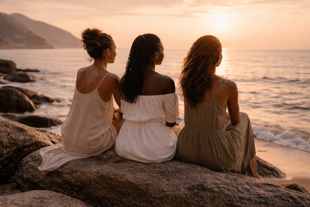 Three Black women sitting on coastal rocks at sunset, reflecting on connection and presence through travel