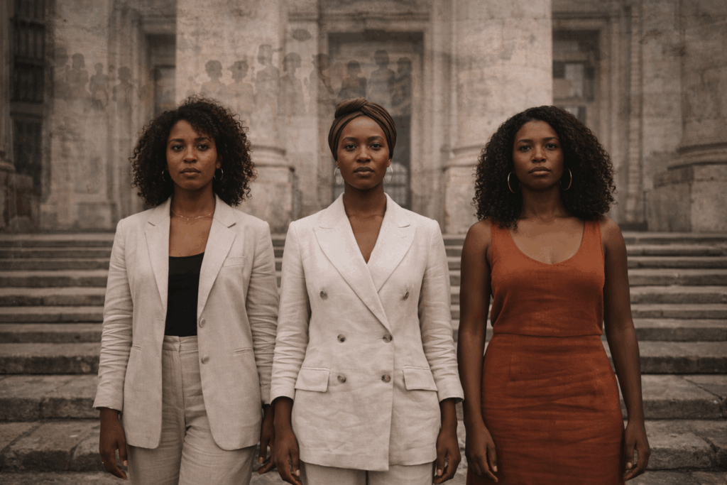 Three Black women standing together on historic stone steps in front of a civic building, symbolizing collective movement, political witnessing, and generational continuity.