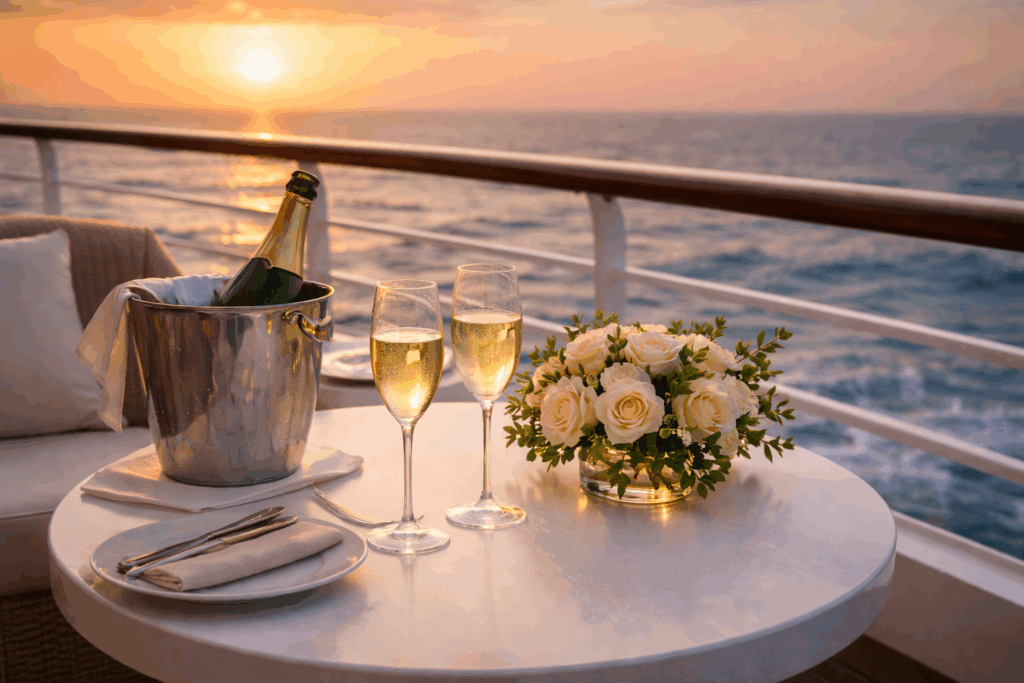 Luxury cruise ship deck at sunset with champagne glasses and ocean view, capturing a refined celebration travel experience