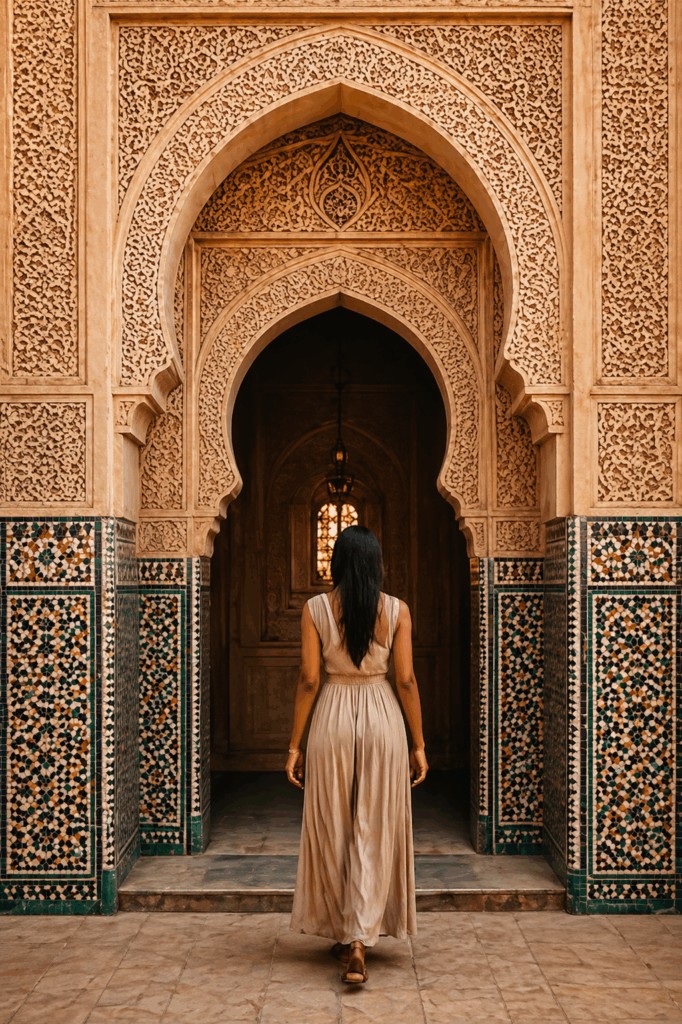 Traveler entering ornate Moroccan archway during a culturally immersive luxury journey