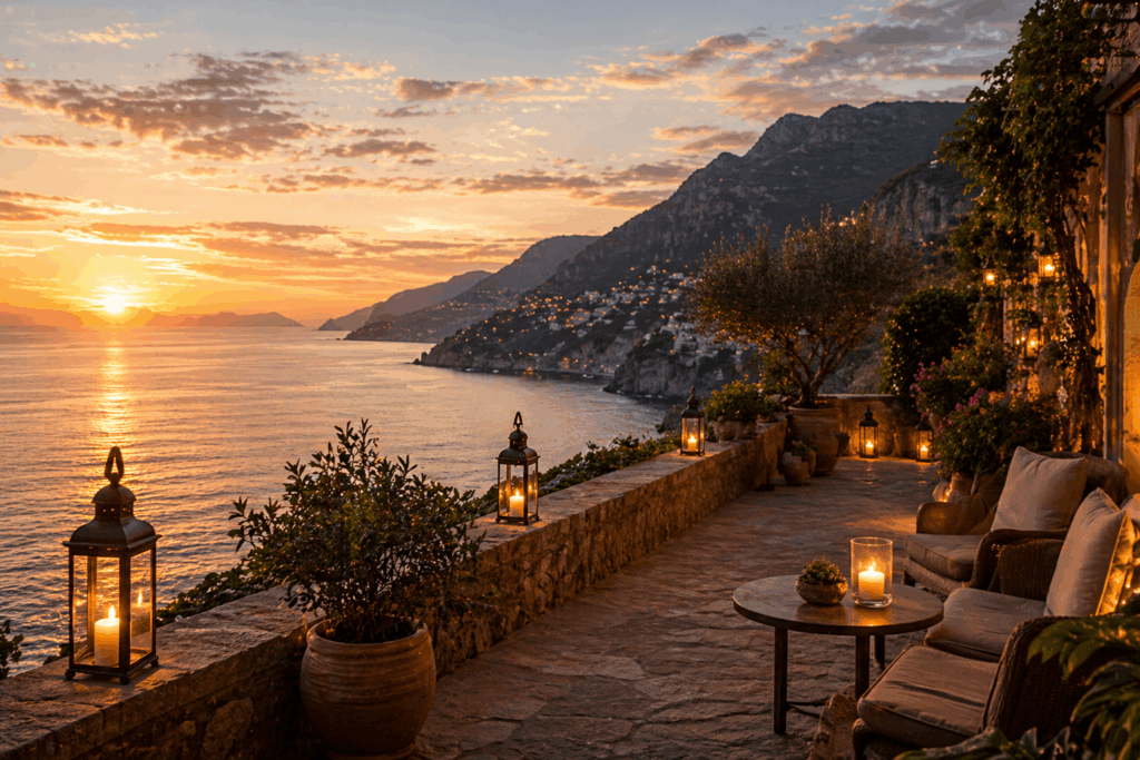 Luxury coastal terrace at sunset overlooking the sea