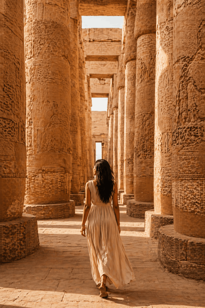 Traveler walking through ancient stone columns during a culturally immersive luxury journey