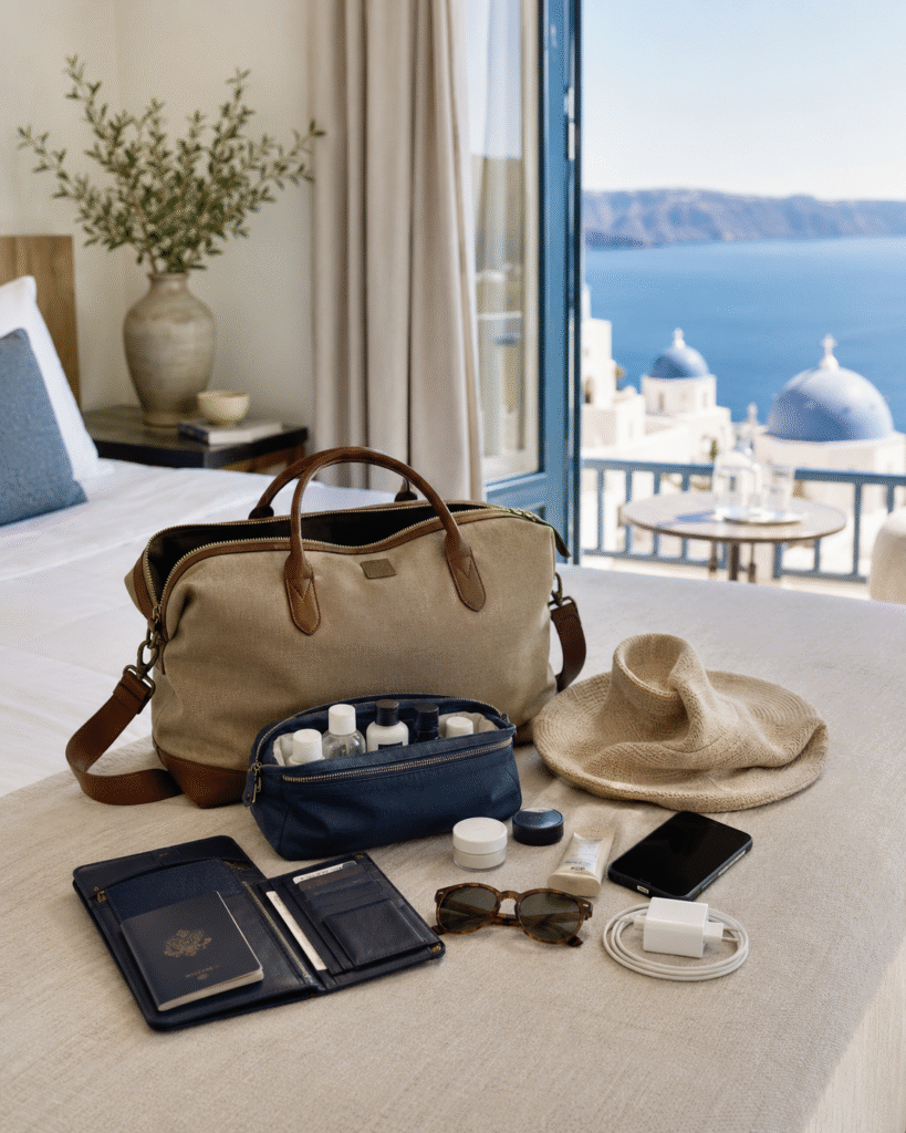 Travel carry-on bag with passport organizer, toiletries, sunglasses, phone, and charger in a Greek hotel room