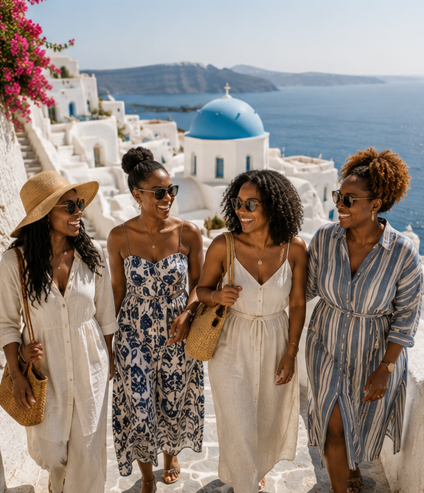 Four Black women enjoying a sunny walk through a Greek island village with blue domes and sea views