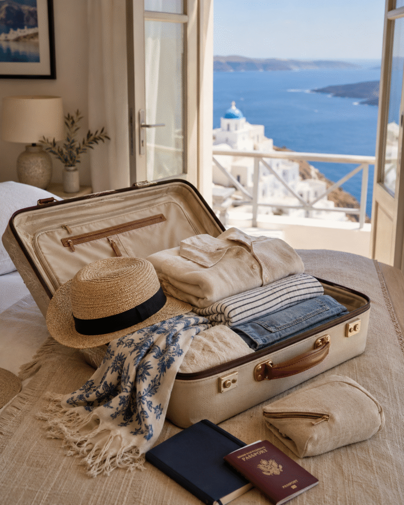 Open suitcase with neatly packed clothing, hat, passport, and travel accessories overlooking the Greek islands