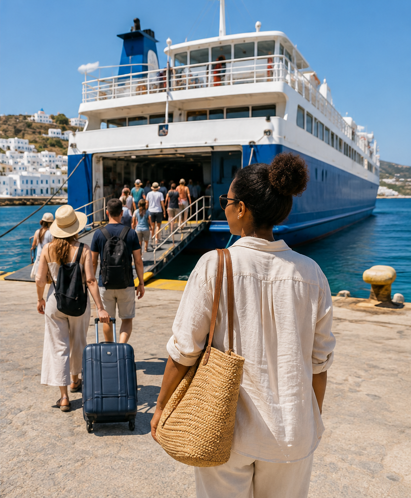 Traveler boarding a Greek island ferry with luggage at a sunny Mediterranean port