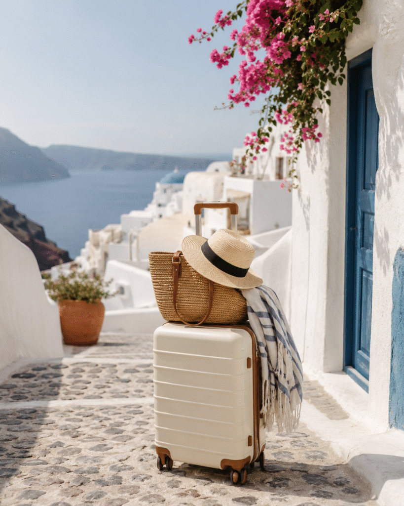 Suitcase with straw hat, woven tote, and travel essentials on a whitewashed Greek island street