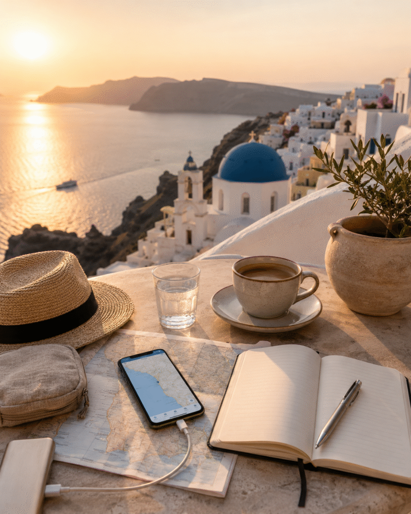 Phone, map, notebook, portable charger, and travel essentials on a Santorini terrace at sunset