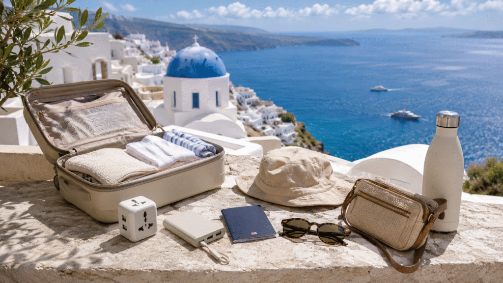Open suitcase and Greece travel essentials overlooking Santorini sea view with white buildings and blue dome
