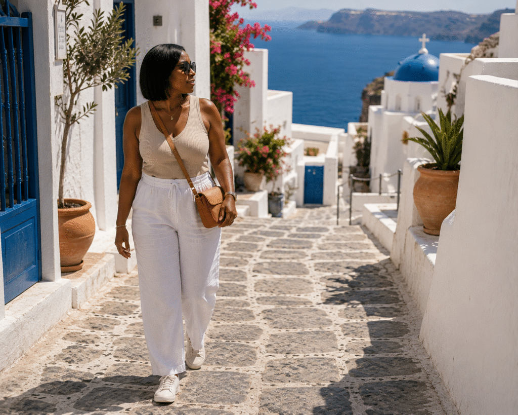 Black woman walking through a cobblestone Greek island village in comfortable travel clothes and sneakers