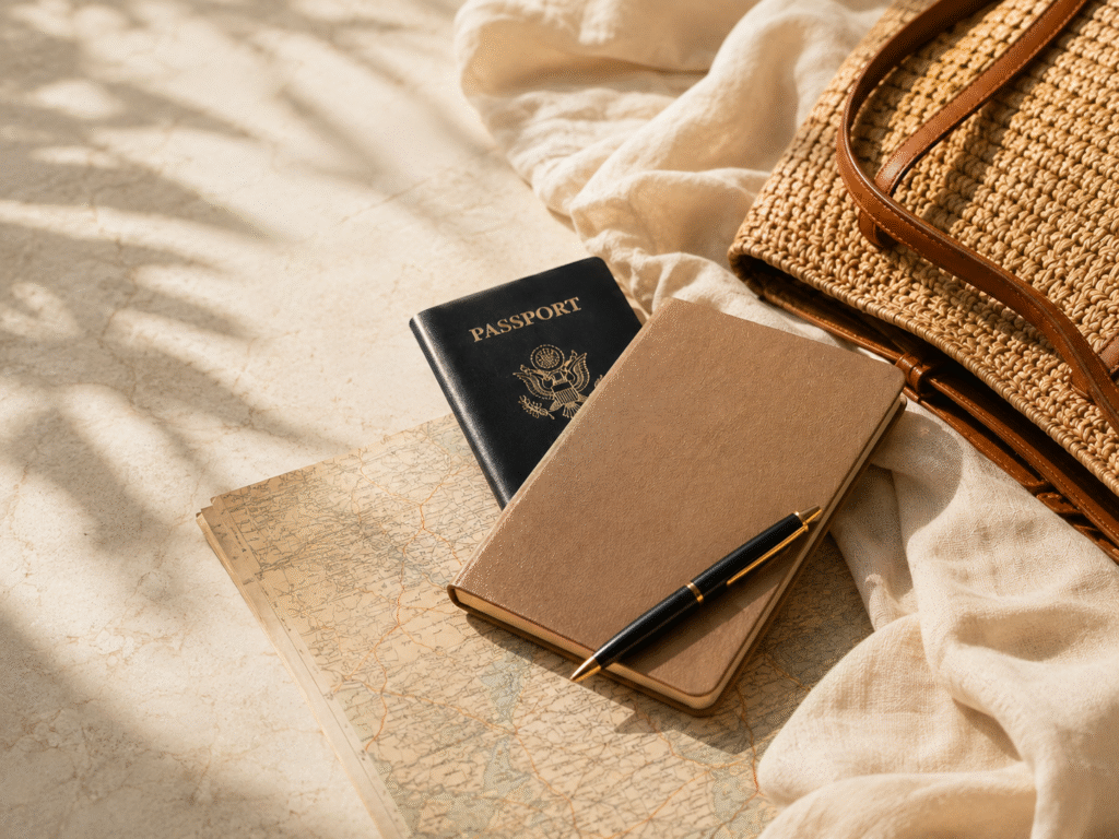 Passport, travel journal, pen, map, and woven travel bag arranged in warm natural light