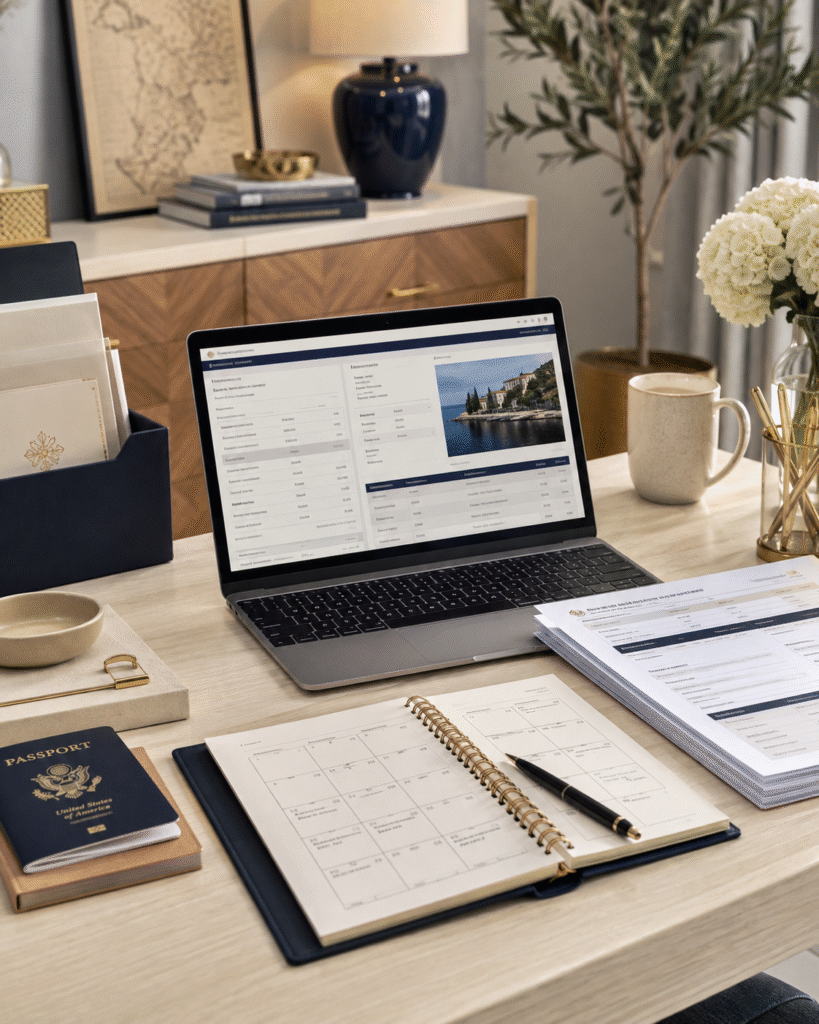 Travel planning workspace with laptop, itinerary documents, calendar, passport, notebook, and office accessories