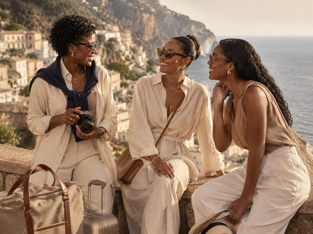 Group of stylish friends enjoying time together in a beautiful coastal destination.