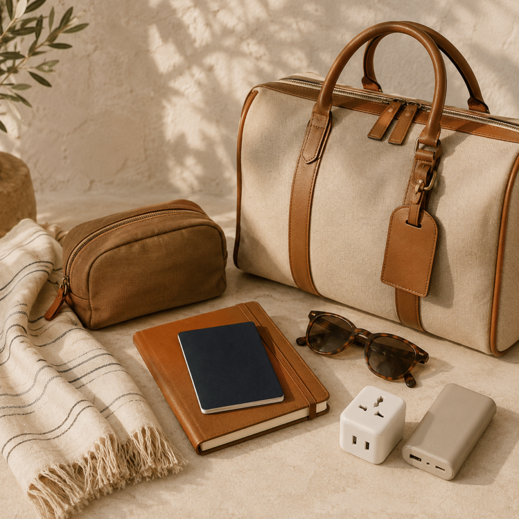 Travel bag with passport, sunglasses, plug adapter, portable charger, notebook, and toiletry pouch