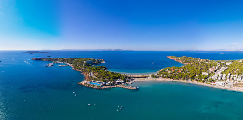 Aerial view of Asteras Vouliagmeni along the Athens Riviera in Greece