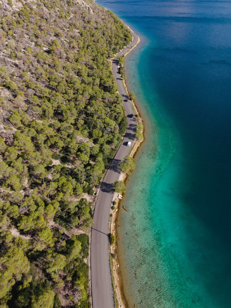 Aerial view of the Athens Riviera coastline in Vouliagmeni, Greece