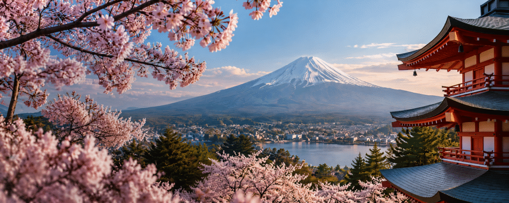 Mount Fuji framed by cherry blossoms with a traditional Japanese pagoda and lake view