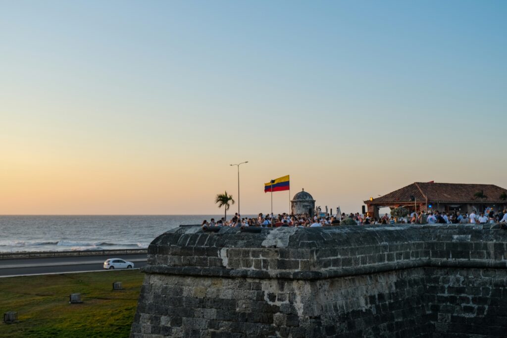 Cartagena city walls at sunset overlooking the Caribbean Sea in Colombia