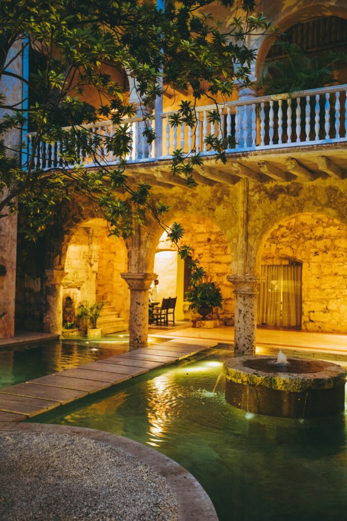 Colonial-style hotel courtyard with pool in Cartagena, Colombia