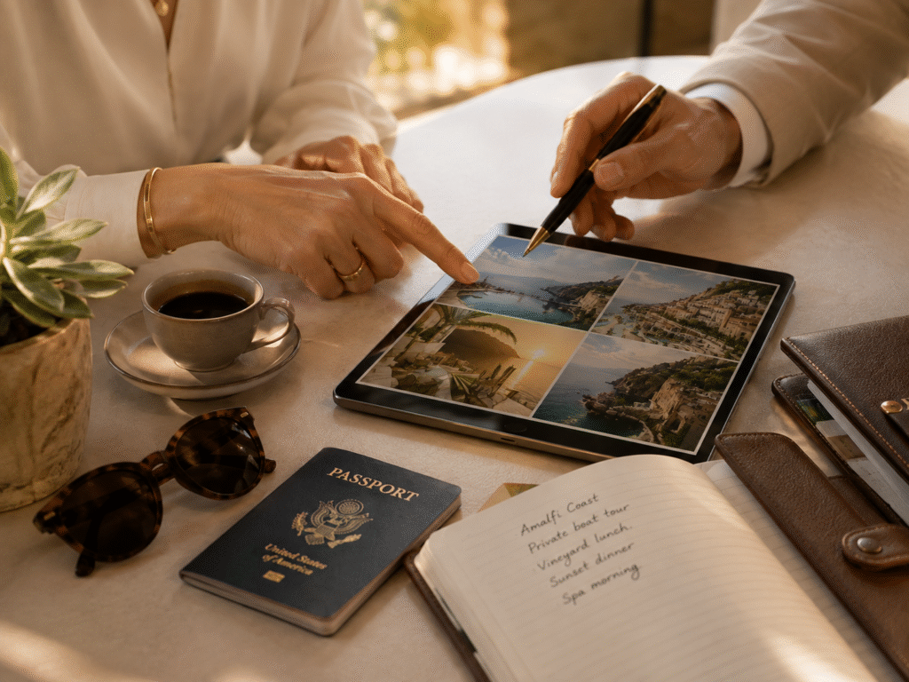 Hands reviewing destination options on a tablet with passport, notebook, and travel planning materials