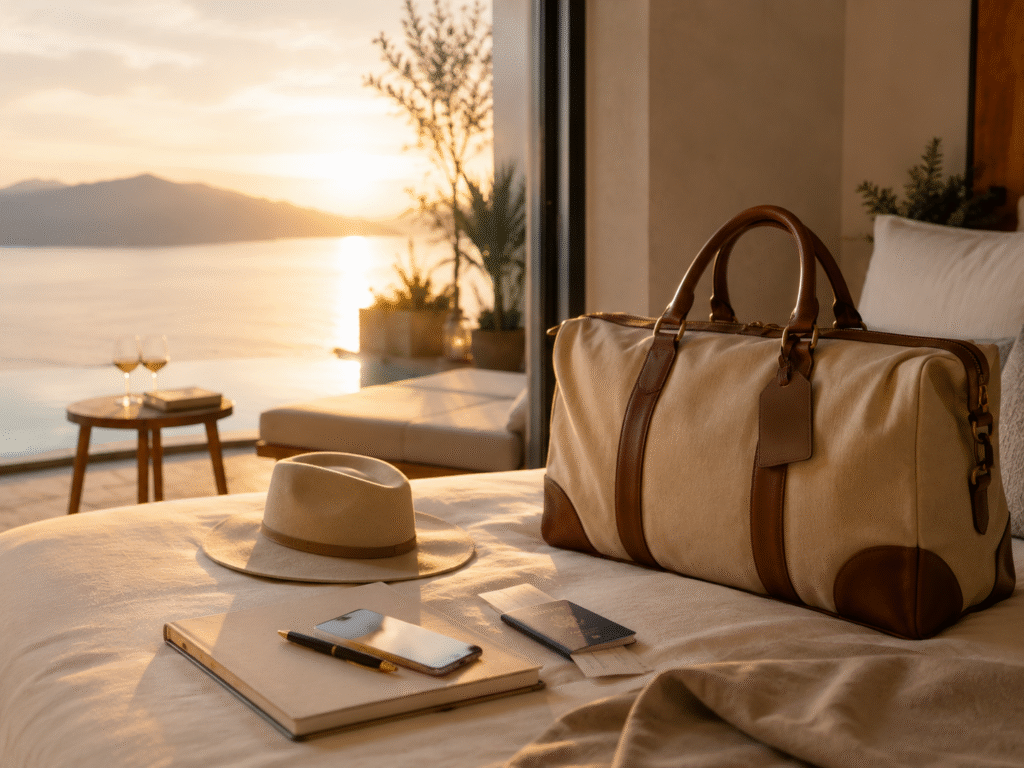 Packed travel bag, passport, hat, phone, and notebook in a private seaside suite at sunset