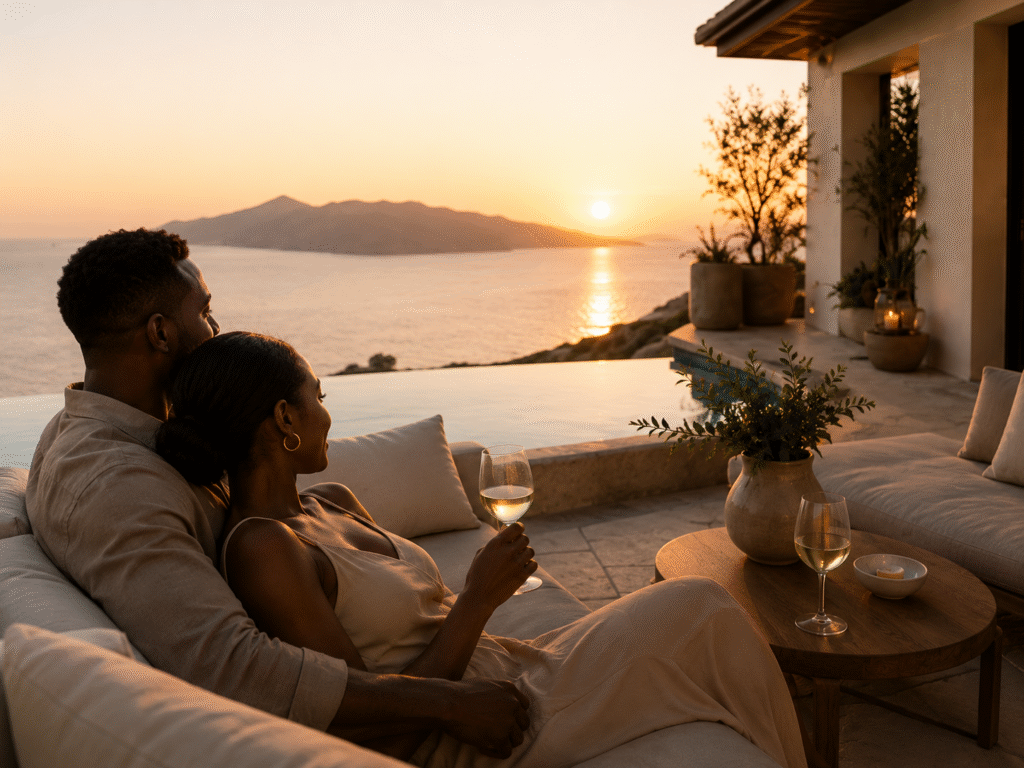 Couple relaxing together on a private seaside terrace at sunset with ocean views