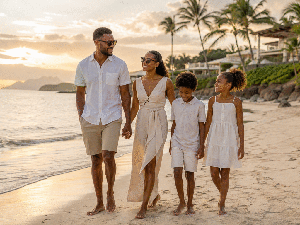 Black family of four walking together along a tropical beach at sunset