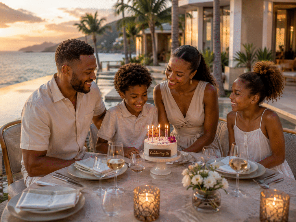 Black family of four walking together along a tropical beach at sunset