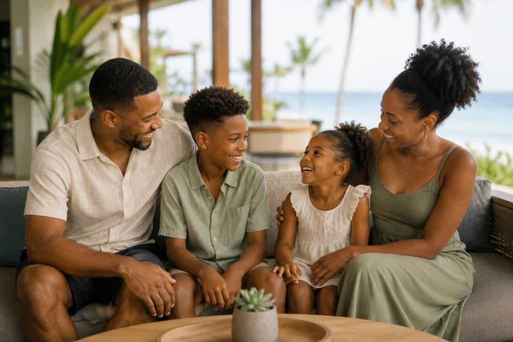 Black family of four relaxing together at a modern coastal resort