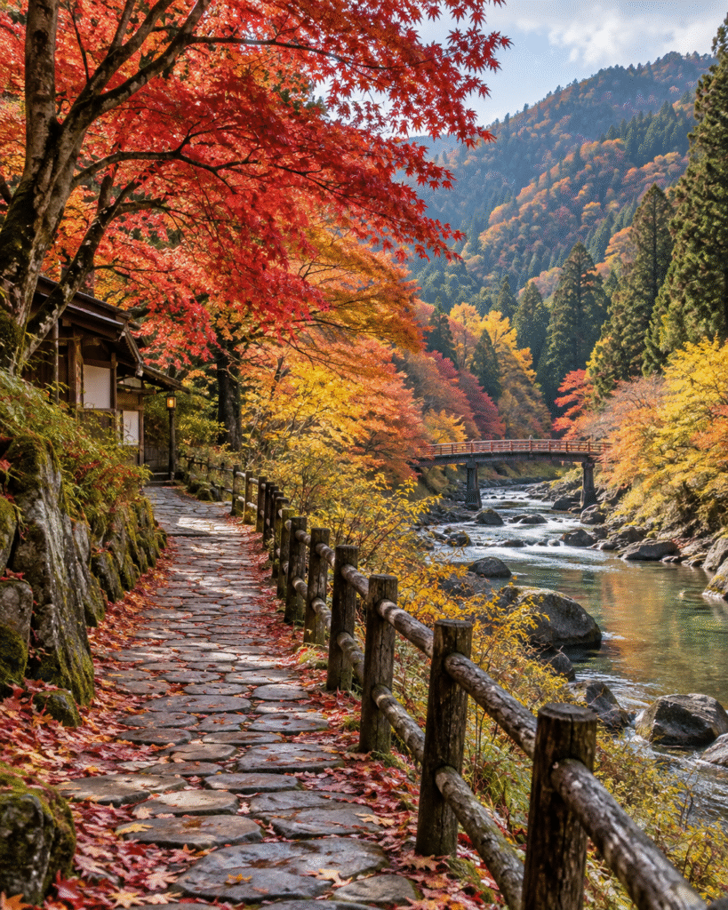 Stone path beside a river surrounded by red, orange, and golden autumn leaves in Japan