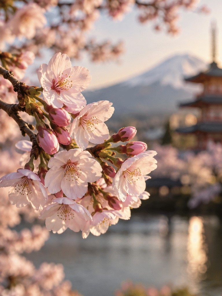 Close-up of pink cherry blossoms with Mount Fuji softly blurred in the background