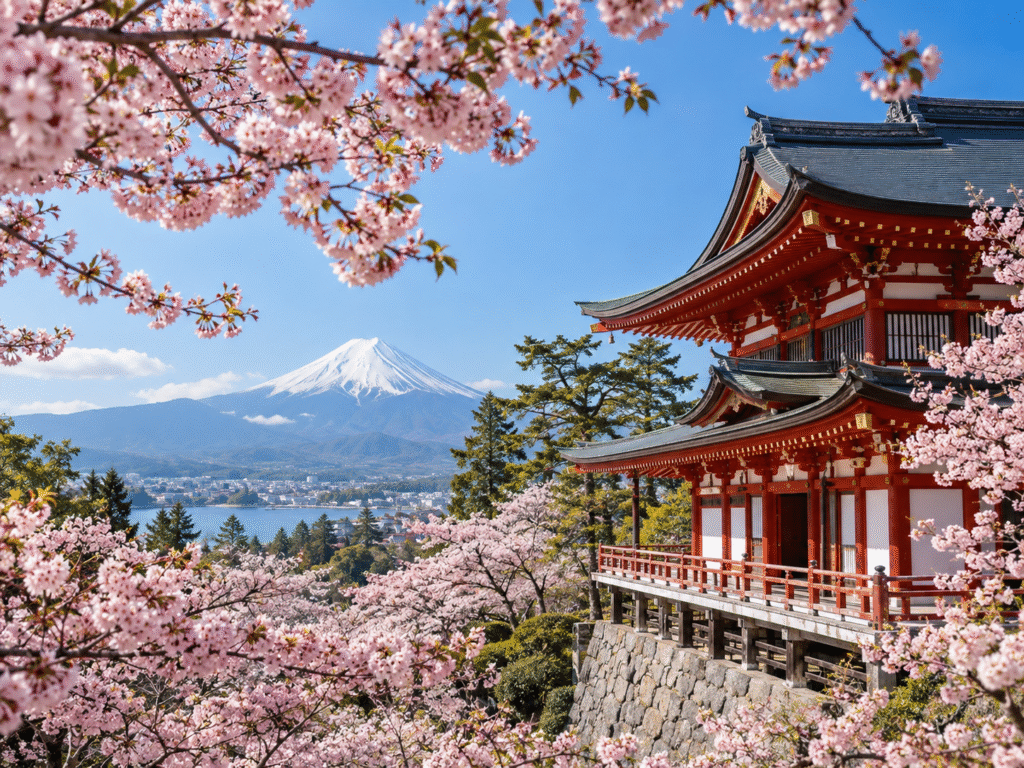Japanese temple surrounded by cherry blossoms with Mount Fuji in the distance