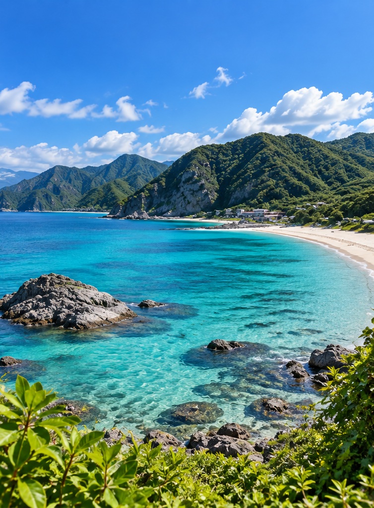 Turquoise coastal water and green mountains along a summer beach in Japan