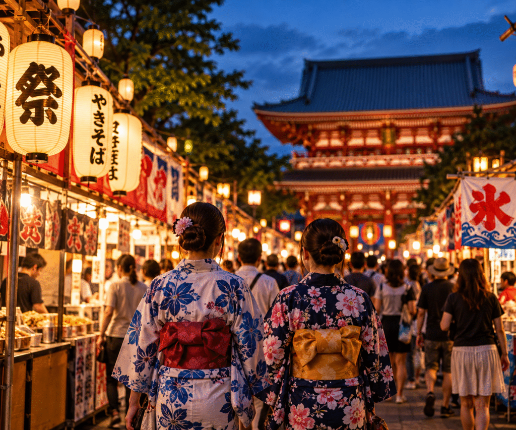Two women in yukata walking through a lantern-lit summer festival in Japan