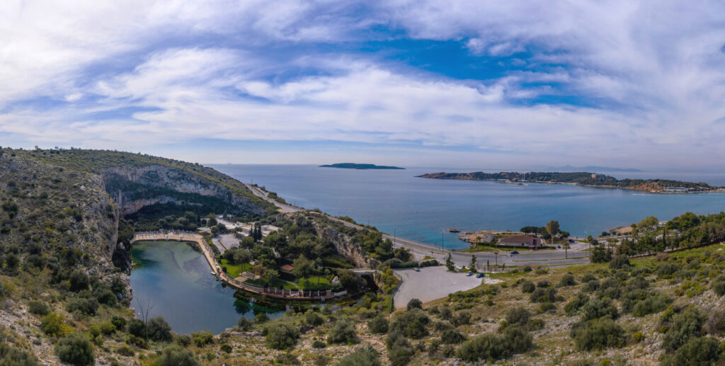 Aerial view of Lake Vouliagmeni and the Athens Riviera coastline in Greece