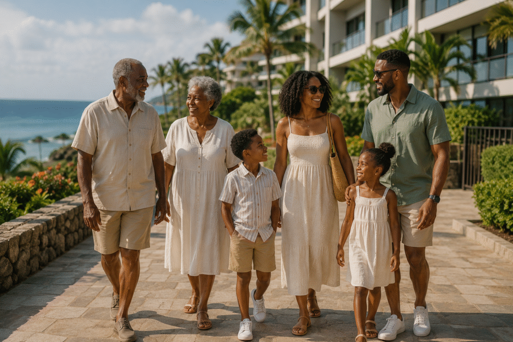 Multigenerational Black family walking together at a modern coastal resort