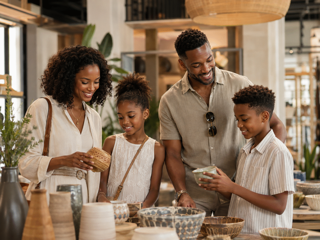 Black couple reviewing family travel plans together with laptop, passports, map, and notebook
