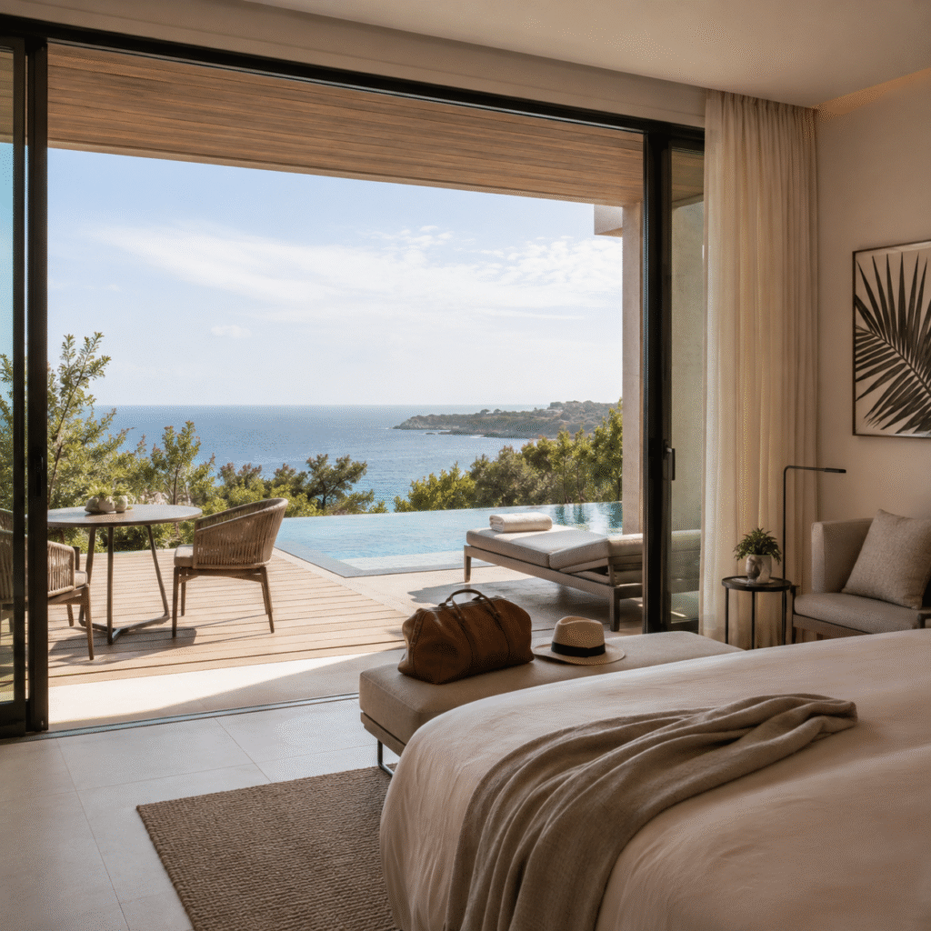 Modern coastal hotel suite with private terrace, infinity pool, ocean view, and travel bag