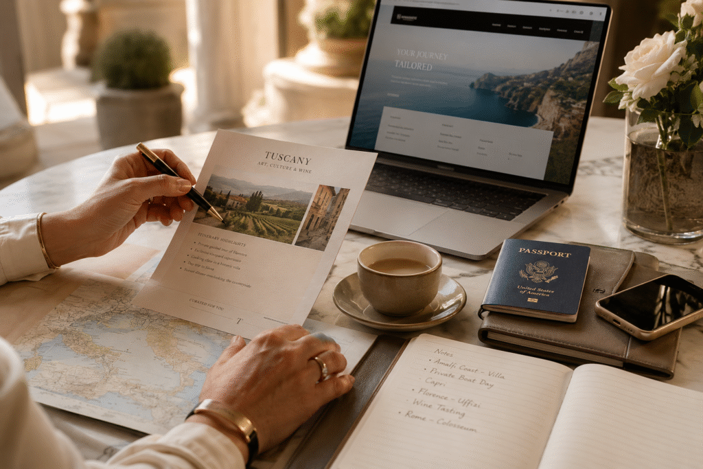 Hands reviewing a custom travel itinerary with laptop, map, passport, notebook, and coffee