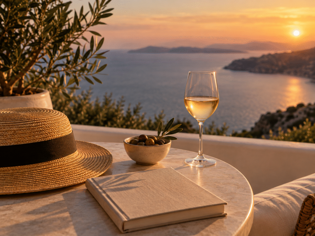Straw hat, wine glass, olives, and travel journal on a terrace at sunset